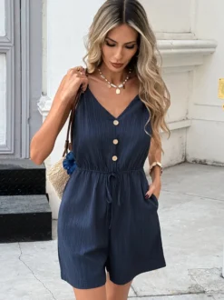 Combinaison bleue à col V sans manches boutons dos nu ample style été