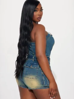 Combinaison bleue sans bretelles sans manches ceinture en jean style été
