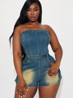 Combinaison bleue sans bretelles sans manches ceinture en jean style été