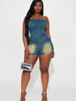 Combinaison bleue sans bretelles sans manches ceinture en jean style été
