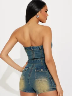 Combinaison bleue sans bretelles sans manches ceinture en jean style été