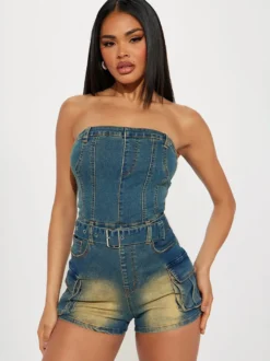 Combinaison bleue sans bretelles sans manches ceinture en jean style été