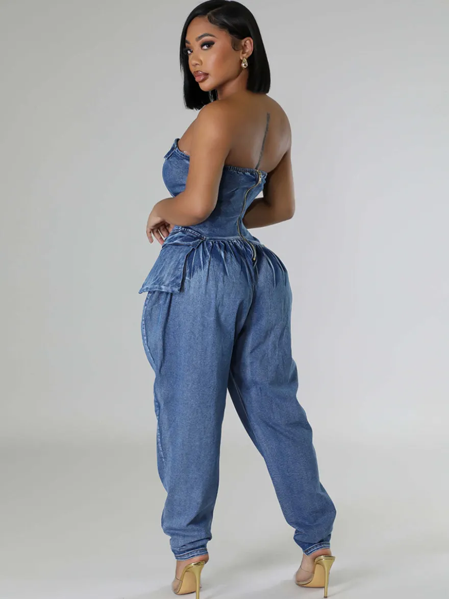 Combinaison bustier en jean sans bretelles pour femme - Combinaison harem sexy bleue avec fermeture éclair au dos - Soirée printemps-club 2026