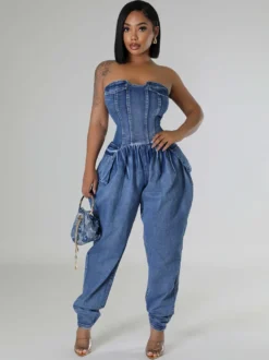 Combinaison bustier en jean sans bretelles pour femme - Combinaison harem sexy bleue avec fermeture éclair au dos - Soirée printemps-club 2026