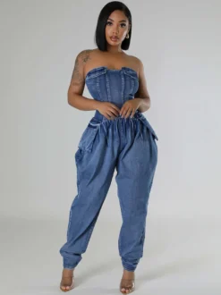 Combinaison bustier en jean sans bretelles pour femme - Combinaison harem sexy bleue avec fermeture éclair au dos - Soirée printemps-club 2026