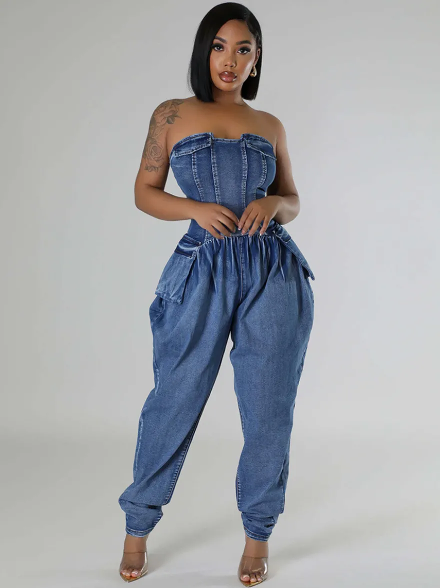 Combinaison bustier en jean sans bretelles pour femme - Combinaison harem sexy bleue avec fermeture éclair au dos - Soirée printemps-club 2026