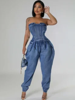 Combinaison bustier en jean sans bretelles pour femme - Combinaison harem sexy bleue avec fermeture éclair au dos - Soirée printemps-club 2026
