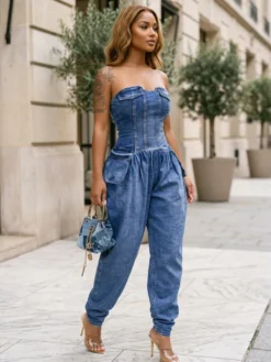 Combinaison bustier en jean sans bretelles pour femme - Combinaison harem sexy bleue avec fermeture éclair au dos - Soirée printemps-club 2026