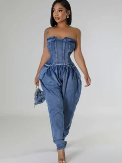 Combinaison bustier en jean sans bretelles pour femme - Combinaison harem sexy bleue avec fermeture éclair au dos - Soirée printemps-club 2026