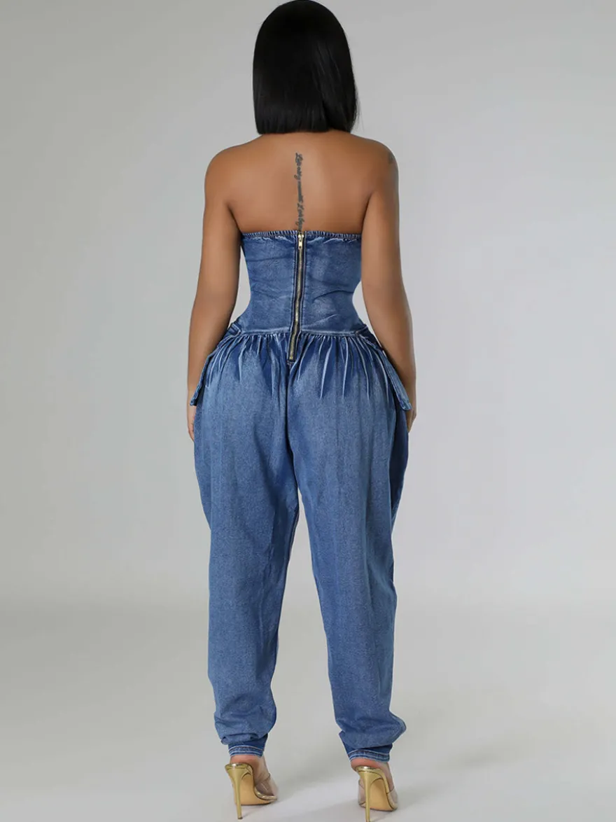 Combinaison bustier en jean sans bretelles pour femme - Combinaison harem sexy bleue avec fermeture éclair au dos - Soirée printemps-club 2026