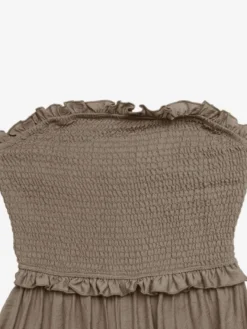 Combinaison bustier taupe unie à volants buste smocké taille haute élastique jambes larges style décontracté idéale pour les vacances.