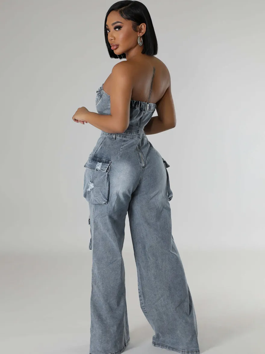 Combinaison cargo bustier en jean pour femme - Combinaison moulante bleue Y2K déchirée à jambes larges avec poche - Soirée d'été en boîte 2026