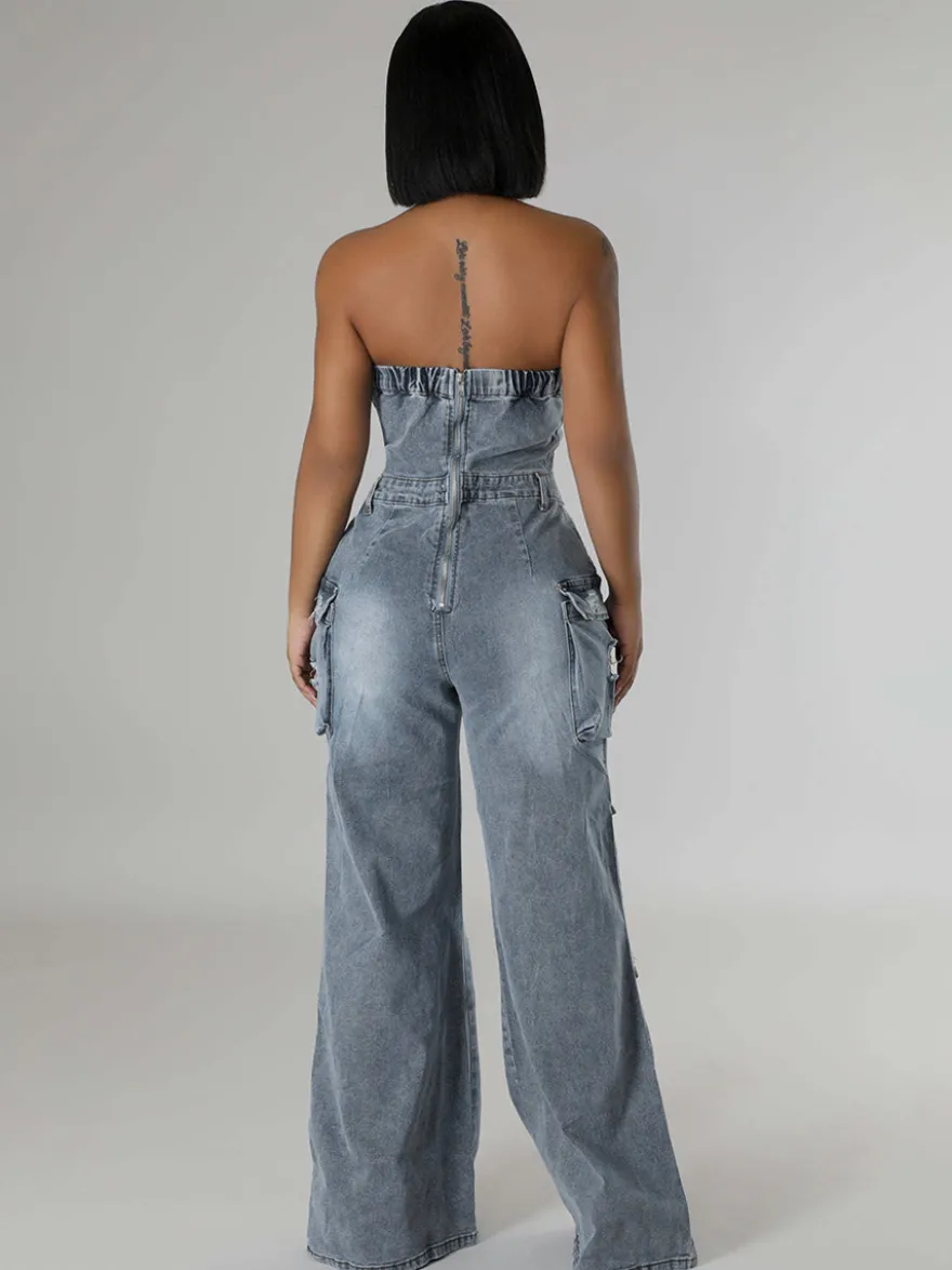 Combinaison cargo bustier en jean pour femme - Combinaison moulante bleue Y2K déchirée à jambes larges avec poche - Soirée d'été en boîte 2026