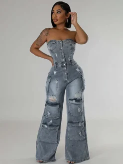 Combinaison cargo bustier en jean pour femme - Combinaison moulante bleue Y2K déchirée à jambes larges avec poche - Soirée d'été en boîte 2026