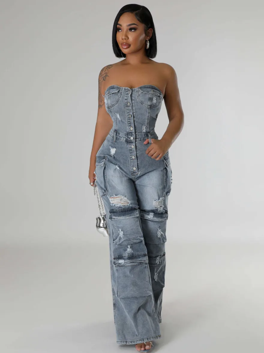 Combinaison cargo bustier en jean pour femme - Combinaison moulante bleue Y2K déchirée à jambes larges avec poche - Soirée d'été en boîte 2026