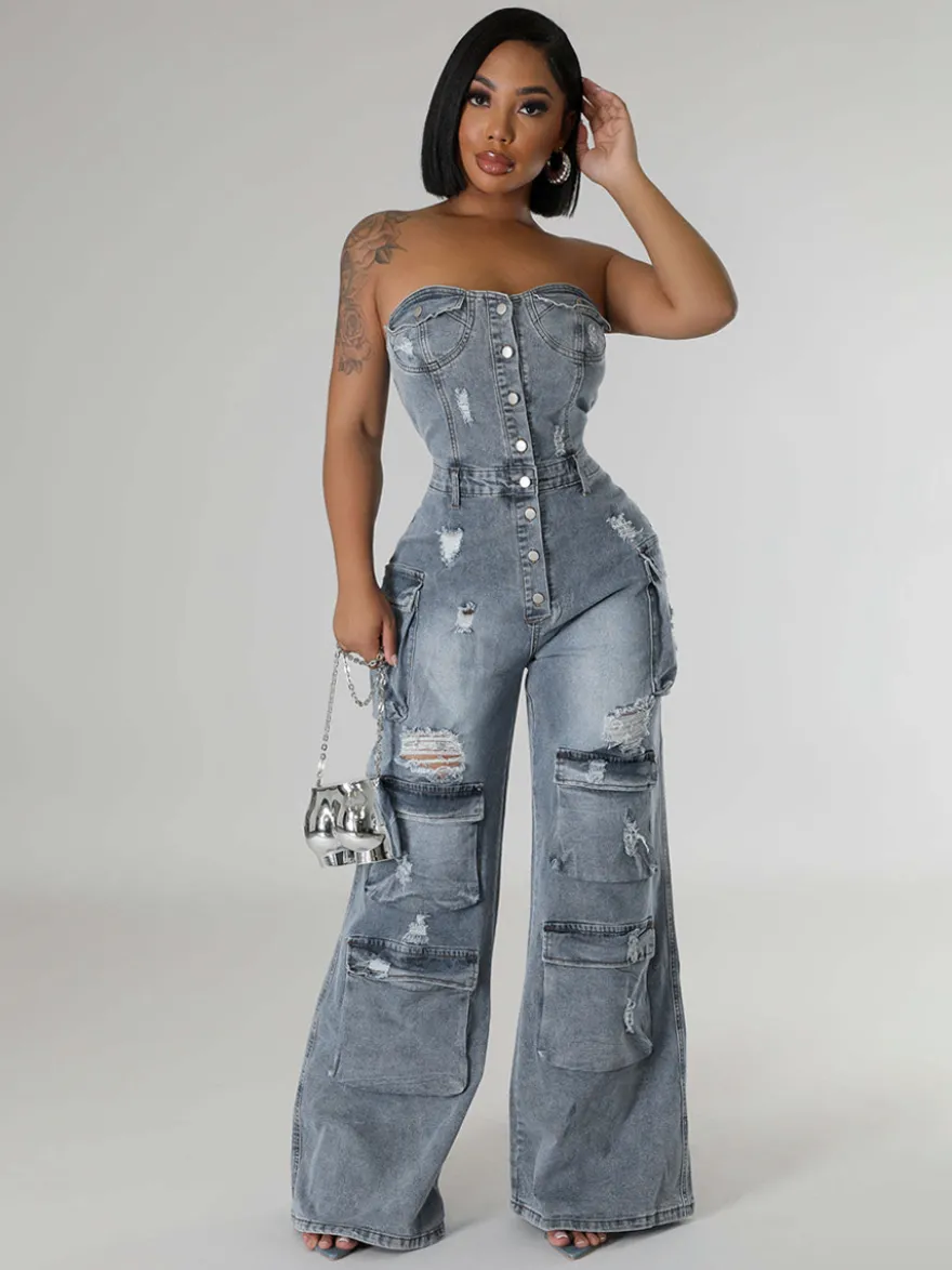 Combinaison cargo bustier en jean pour femme - Combinaison moulante bleue Y2K déchirée à jambes larges avec poche - Soirée d'été en boîte 2026