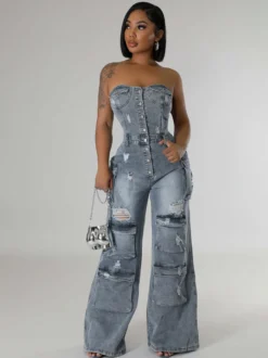Combinaison cargo bustier en jean pour femme - Combinaison moulante bleue Y2K déchirée à jambes larges avec poche - Soirée d'été en boîte 2026
