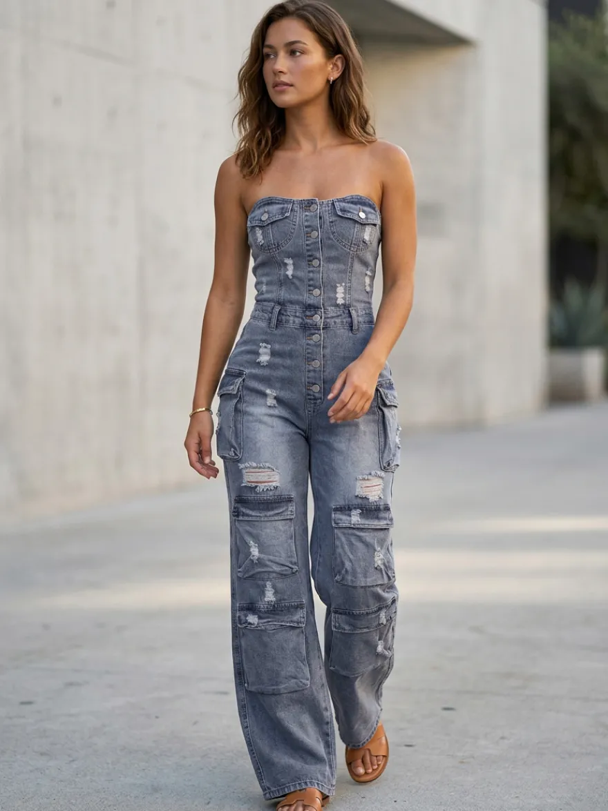 Combinaison cargo bustier en jean pour femme - Combinaison moulante bleue Y2K déchirée à jambes larges avec poche - Soirée d'été en boîte 2026