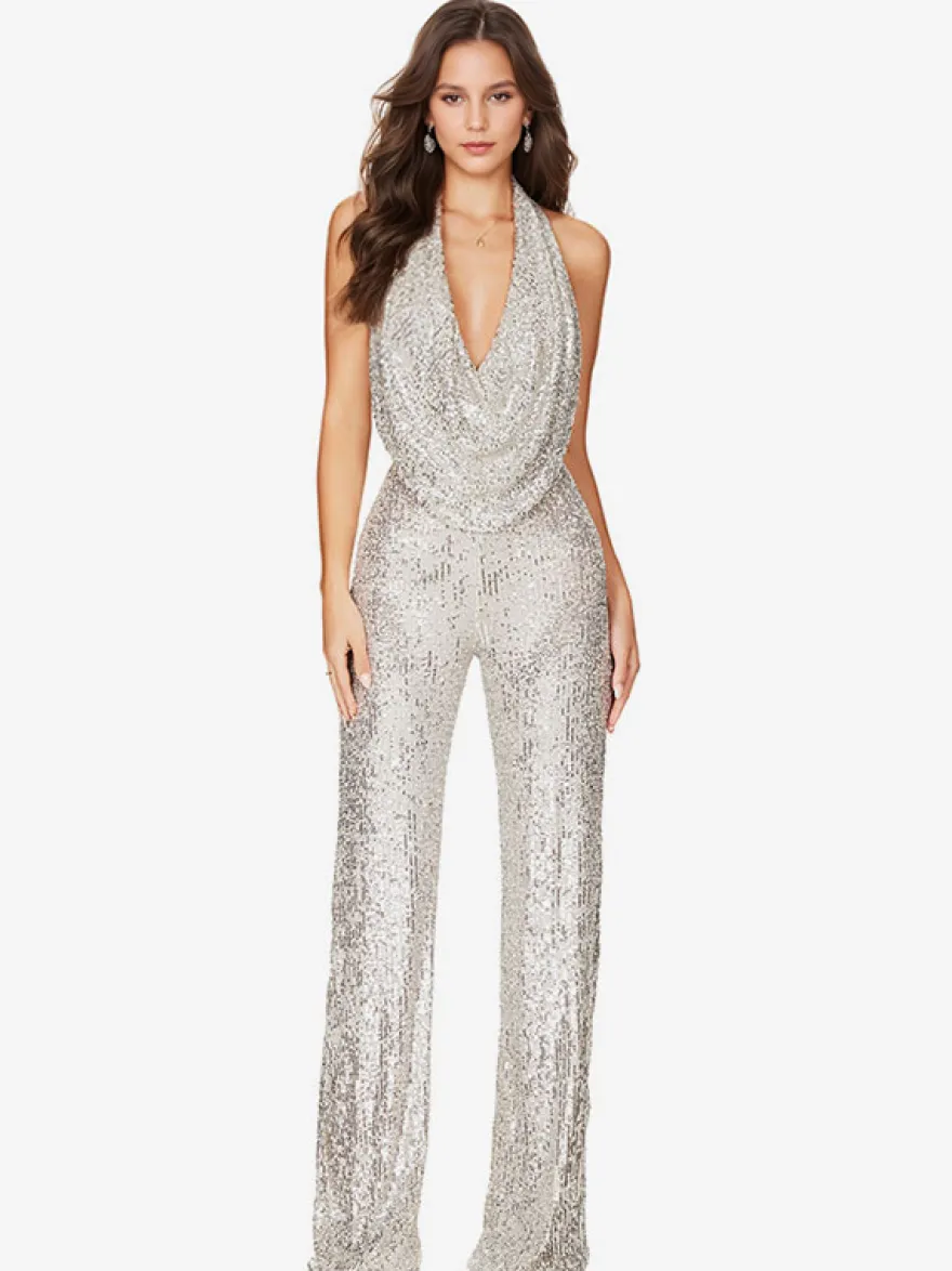 Combinaison Champagne Sans Manches Paillettes Dos Nu Droite Été Une Pièce Tenue