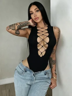 Combinaison de soirée sexy sans manches à décolleté en V et découpes