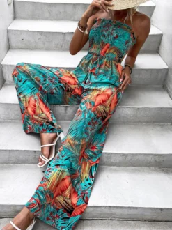Combinaison D'été Large Sans Bretelles Imprimée Sans Manches À Lacets Vert Grand Pantalon