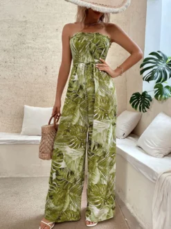 Combinaison D'été Large Sans Bretelles Imprimée Sans Manches À Lacets Vert Grand Pantalon