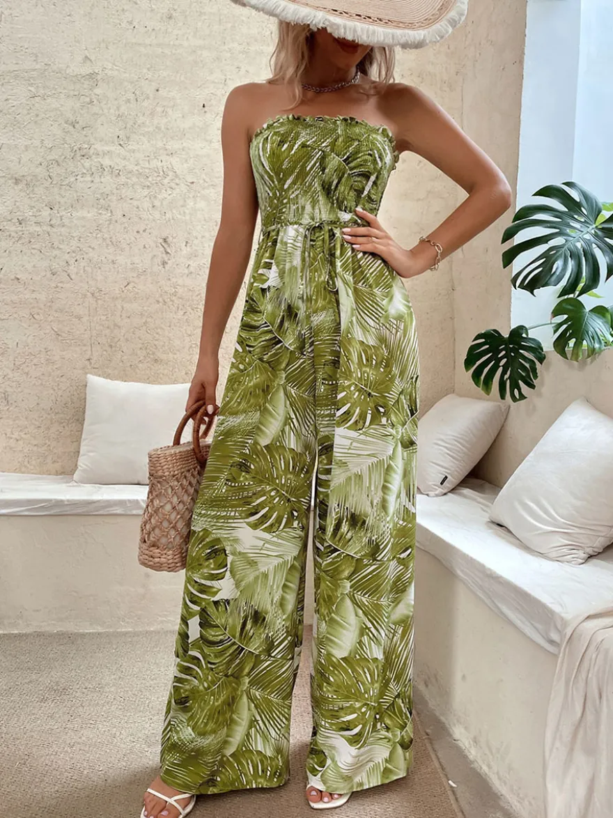 Combinaison D'été Large Sans Bretelles Imprimée Sans Manches À Lacets Vert Grand Pantalon