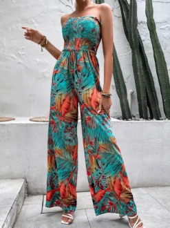 Combinaison D'été Large Sans Bretelles Imprimée Sans Manches À Lacets Vert Grand Pantalon