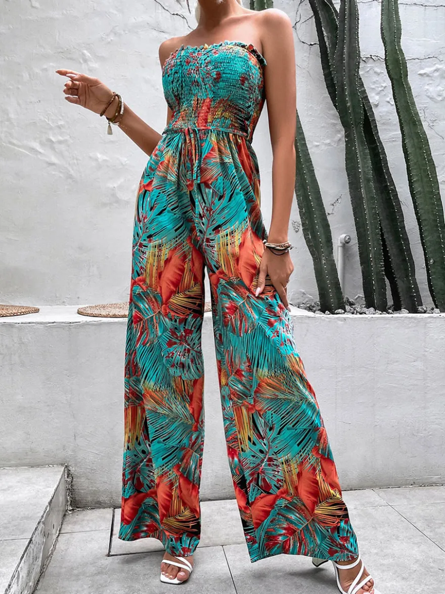 Combinaison D'été Large Sans Bretelles Imprimée Sans Manches À Lacets Vert Grand Pantalon