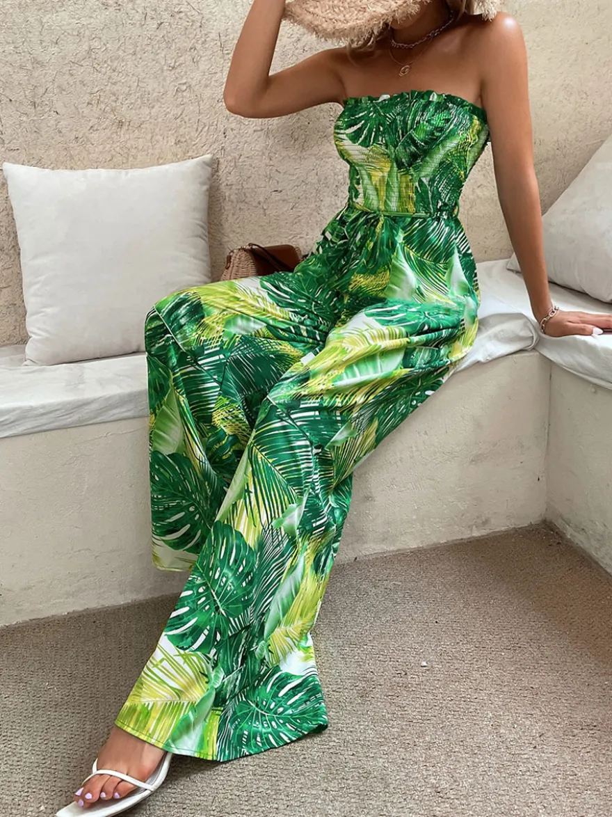 Combinaison D'été Large Sans Bretelles Imprimée Sans Manches À Lacets Vert Grand Pantalon