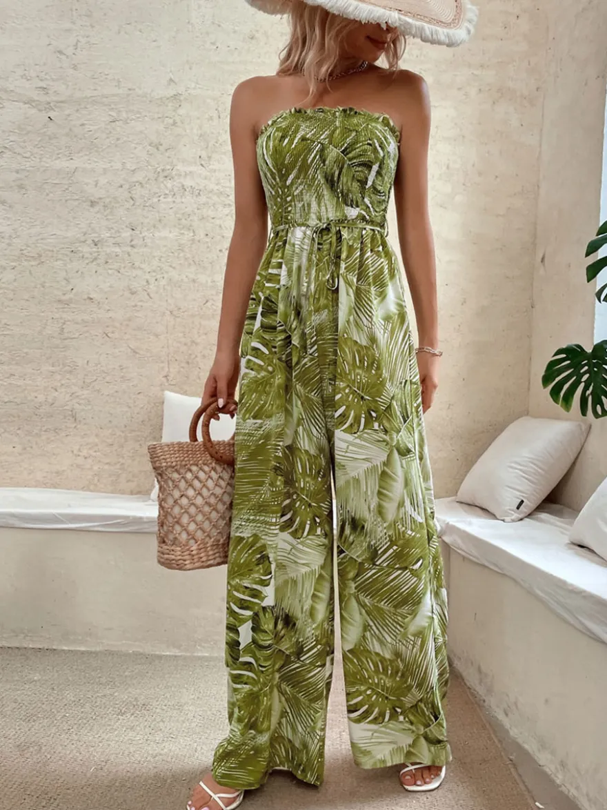 Combinaison D'été Large Sans Bretelles Imprimée Sans Manches À Lacets Vert Grand Pantalon