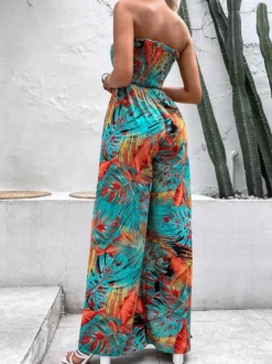 Combinaison D'été Large Sans Bretelles Imprimée Sans Manches À Lacets Vert Grand Pantalon