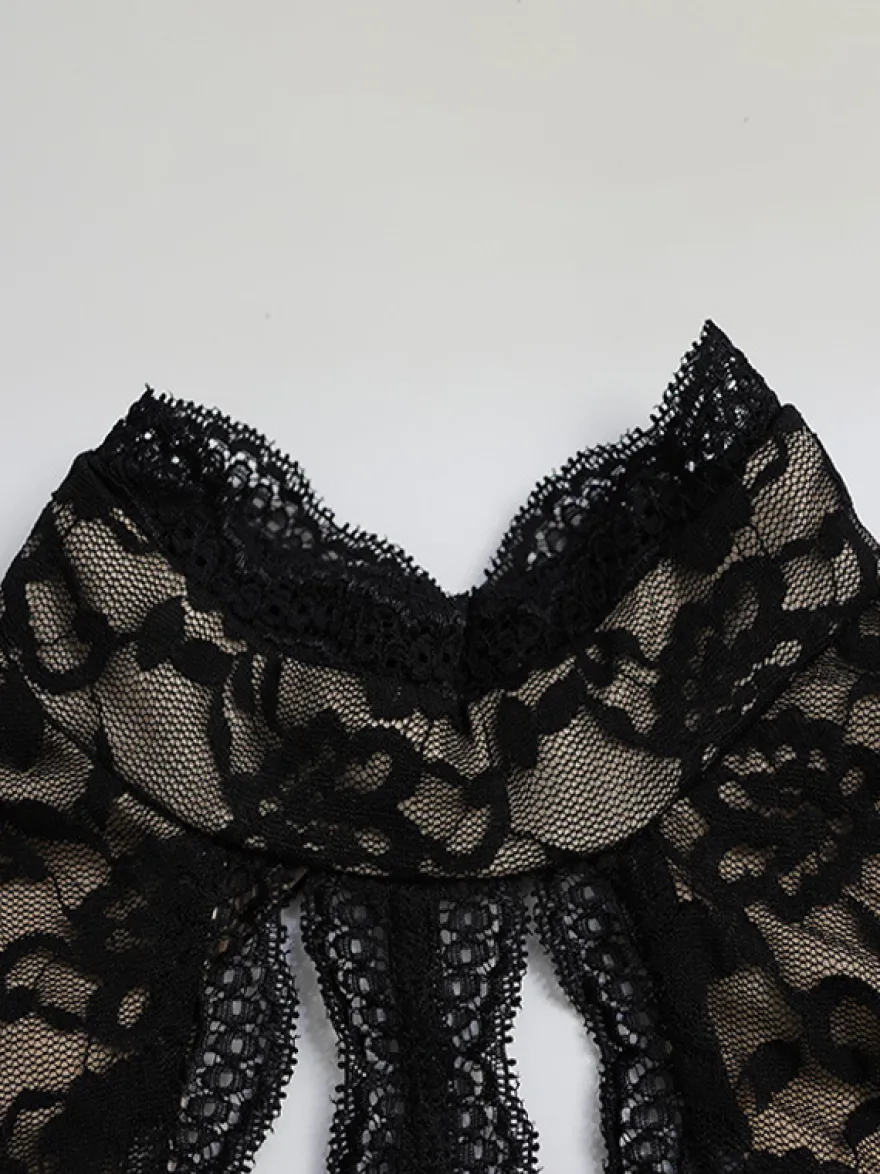 Combinaison en dentelle ajourée pour femme - Combinaison noire gothique à dos ouvert imprimé floral transparent et évasée - Tenue de soirée printanière 2026