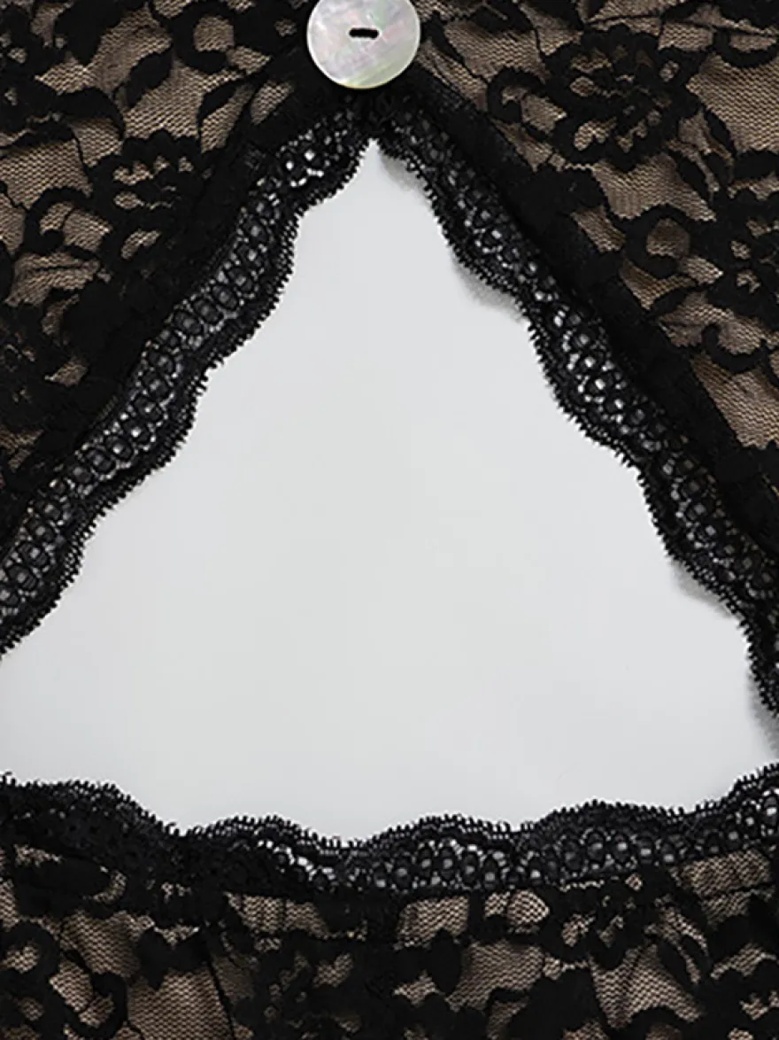 Combinaison en dentelle ajourée pour femme - Combinaison noire gothique à dos ouvert imprimé floral transparent et évasée - Tenue de soirée printanière 2026