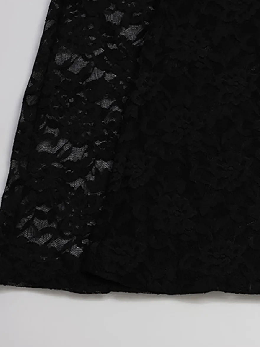 Combinaison en dentelle ajourée pour femme - Combinaison noire gothique à dos ouvert imprimé floral transparent et évasée - Tenue de soirée printanière 2026