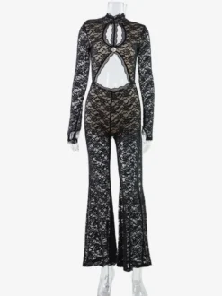 Combinaison en dentelle ajourée pour femme - Combinaison noire gothique à dos ouvert imprimé floral transparent et évasée - Tenue de soirée printanière 2026
