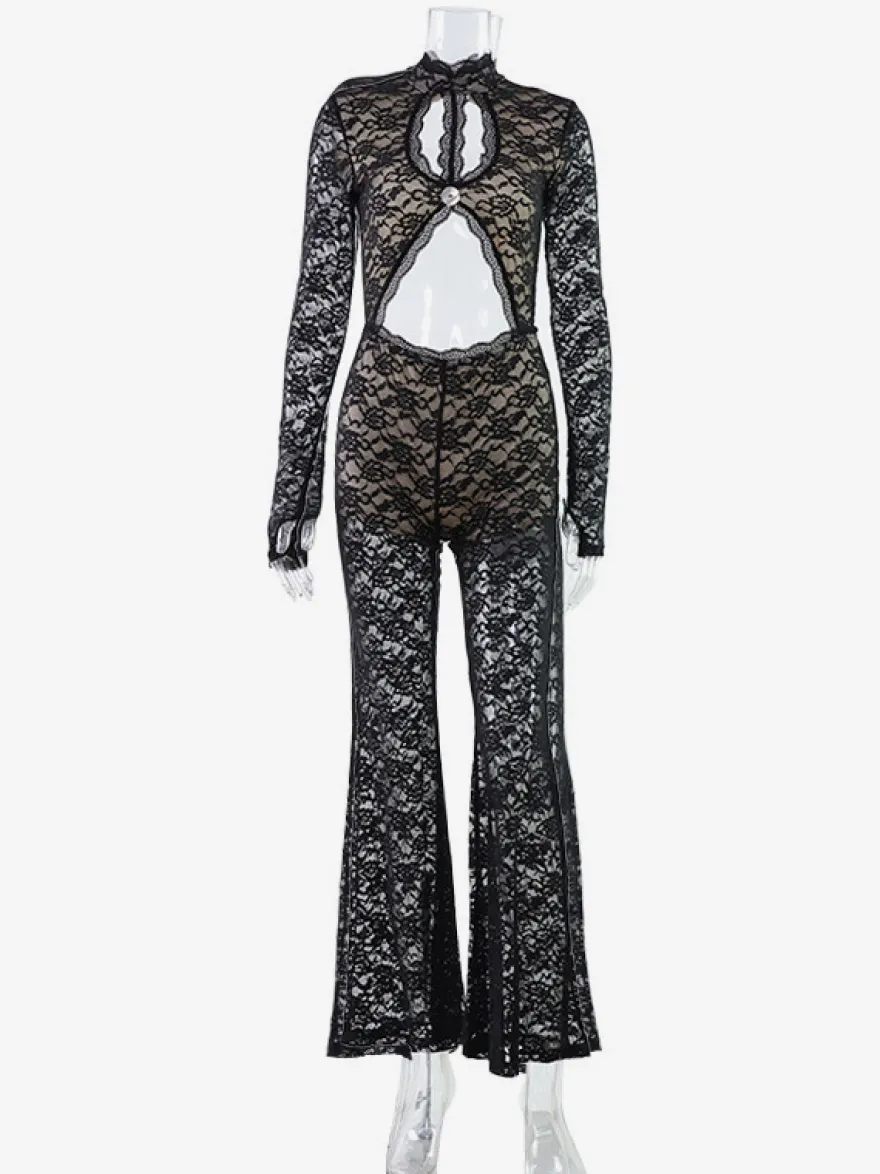 Combinaison en dentelle ajourée pour femme - Combinaison noire gothique à dos ouvert imprimé floral transparent et évasée - Tenue de soirée printanière 2026