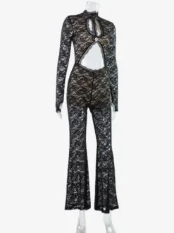 Combinaison en dentelle ajourée pour femme - Combinaison noire gothique à dos ouvert imprimé floral transparent et évasée - Tenue de soirée printanière 2026