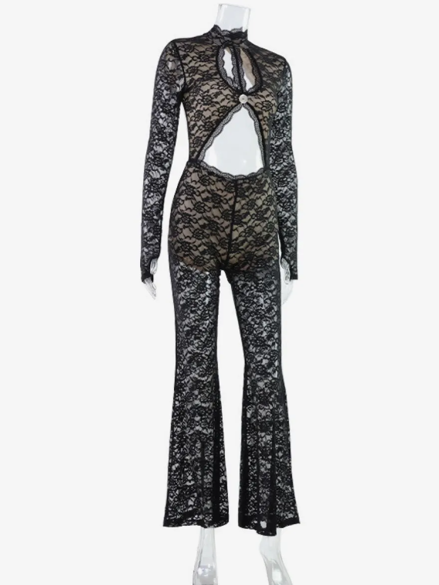 Combinaison en dentelle ajourée pour femme - Combinaison noire gothique à dos ouvert imprimé floral transparent et évasée - Tenue de soirée printanière 2026