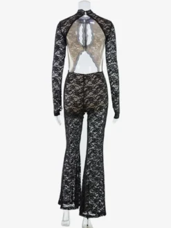 Combinaison en dentelle ajourée pour femme - Combinaison noire gothique à dos ouvert imprimé floral transparent et évasée - Tenue de soirée printanière 2026