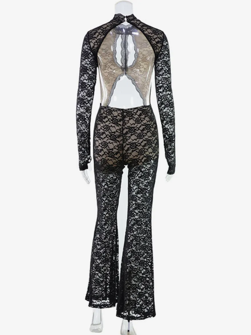 Combinaison en dentelle ajourée pour femme - Combinaison noire gothique à dos ouvert imprimé floral transparent et évasée - Tenue de soirée printanière 2026