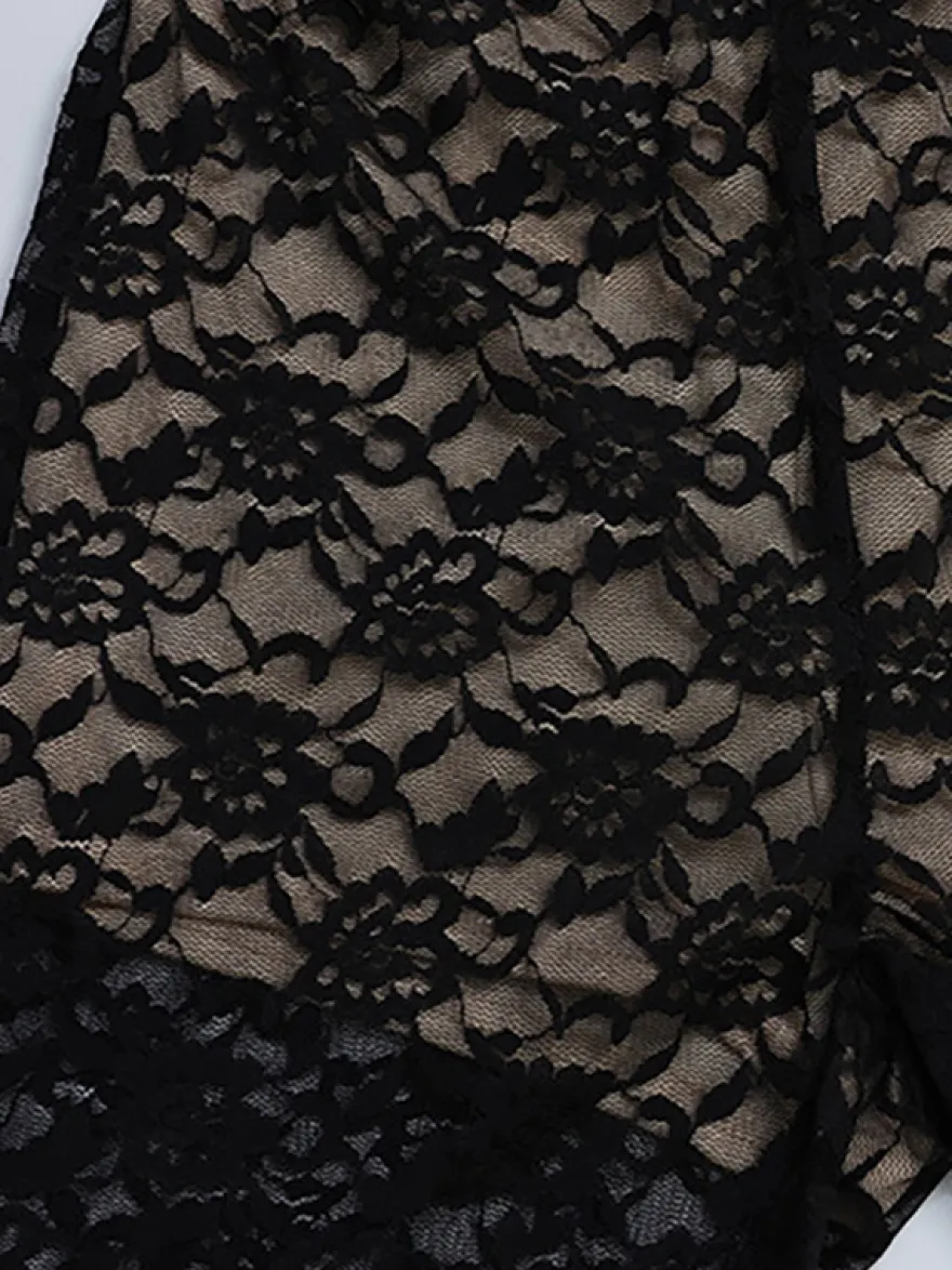 Combinaison en dentelle ajourée pour femme - Combinaison noire gothique à dos ouvert imprimé floral transparent et évasée - Tenue de soirée printanière 2026