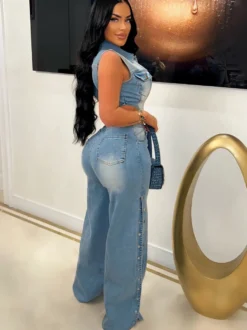 Combinaison en jean découpée pour femme - Combinaison une pièce bleu clair sexy à fente latérale et jambes larges - Tenue de soirée estivale 2026