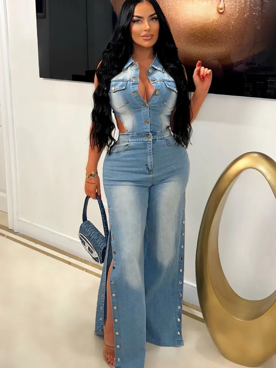 Combinaison en jean découpée pour femme - Combinaison une pièce bleu clair sexy à fente latérale et jambes larges - Tenue de soirée estivale 2026