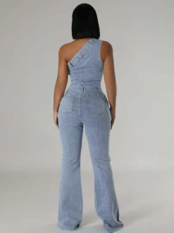 Combinaison en jean délavé asymétrique pour femme - Combinaison moulante sexy évasée bleu clair style années 2000 - Tenue de soirée estivale 2026
