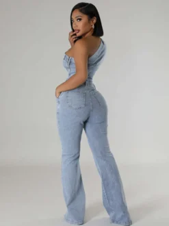 Combinaison en jean délavé asymétrique pour femme - Combinaison moulante sexy évasée bleu clair style années 2000 - Tenue de soirée estivale 2026