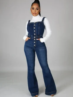 Combinaison en jean délavé boutonnée pour femme - Salopette bleu foncé rétro moulante à jambes évasées - Style streetwear chic d'été 2026