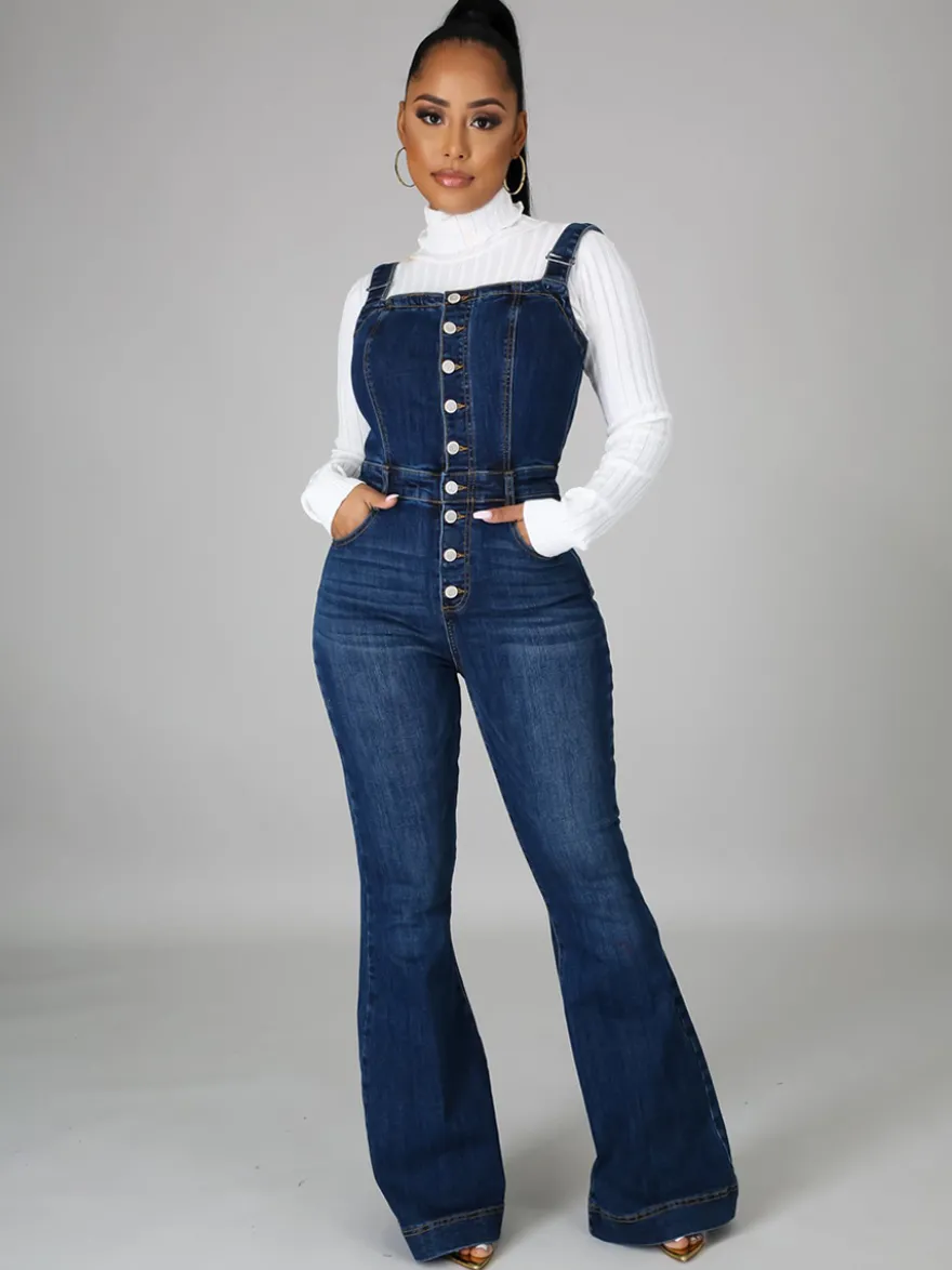 Combinaison en jean délavé boutonnée pour femme - Salopette bleu foncé rétro moulante à jambes évasées - Style streetwear chic d'été 2026