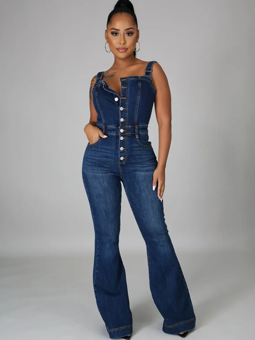 Combinaison en jean délavé boutonnée pour femme - Salopette bleu foncé rétro moulante à jambes évasées - Style streetwear chic d'été 2026