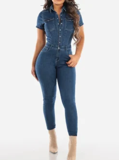 Combinaison en jean délavé coupe slim pour femme - Combinaison moulante sexy bleu foncé à manches courtes et boutons - Style streetwear décontracté été 2026